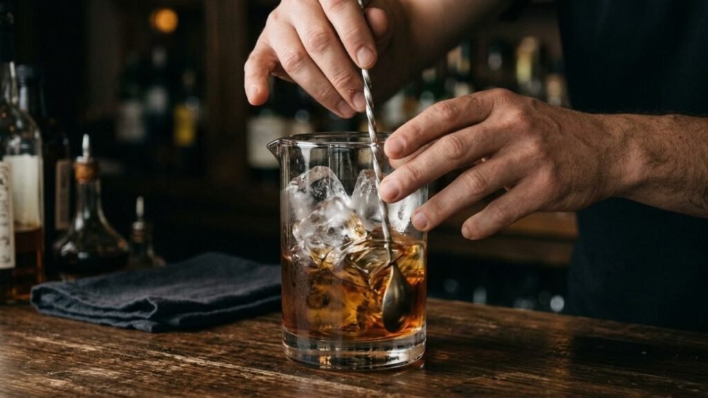 Hand stirring a whiskey cocktail with a bar spoon in a mixing glass filled with ice.