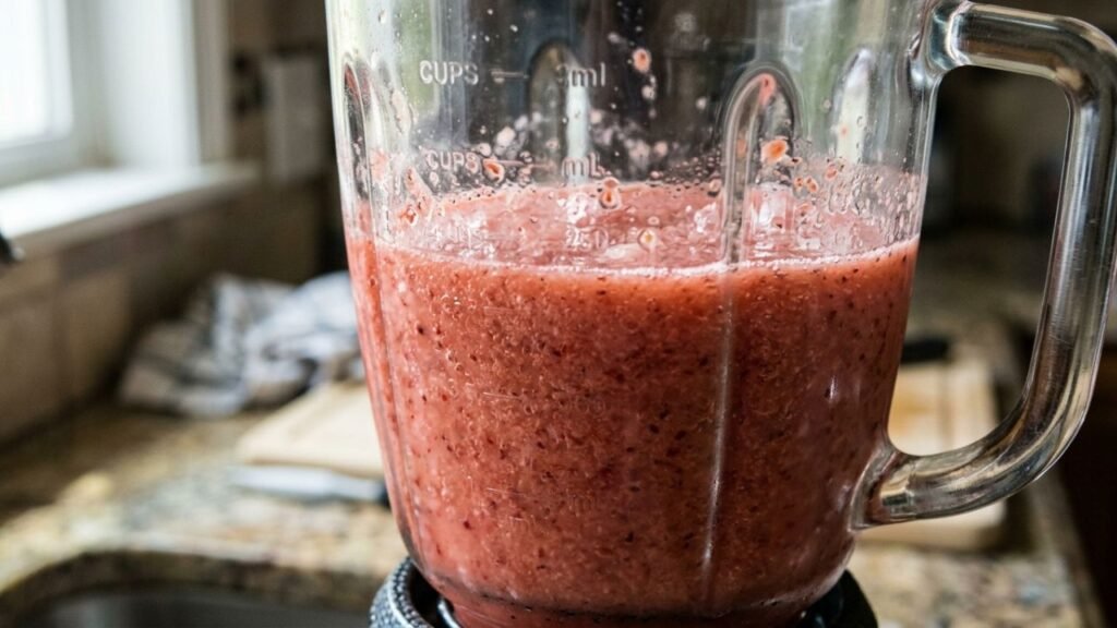 Pink-red strawberry margarita mixture with visible fruit texture inside a blender jar.