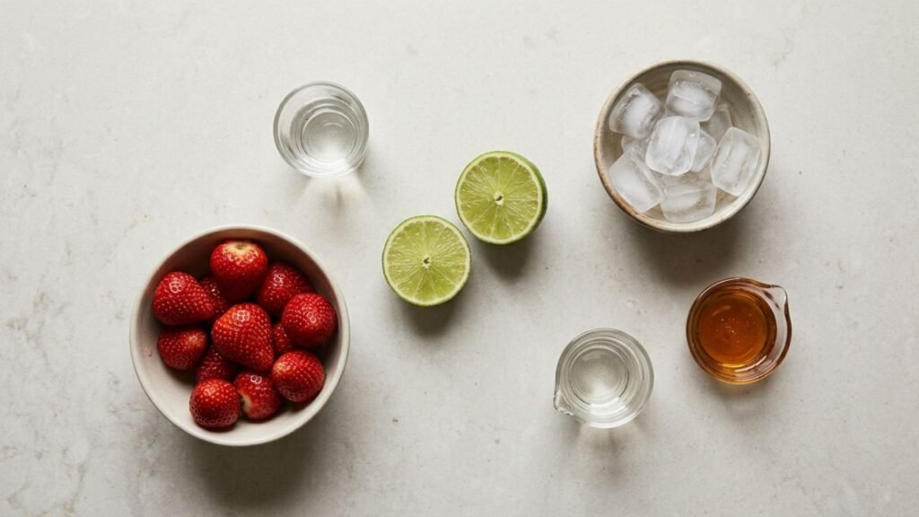 Fresh strawberries, halved lime, agave syrup, tequila, orange liqueur, and ice arranged for a margarita.