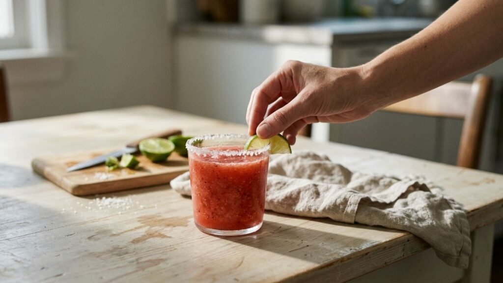 Hand placing a lime wedge beside a freshly blended strawberry margarita.