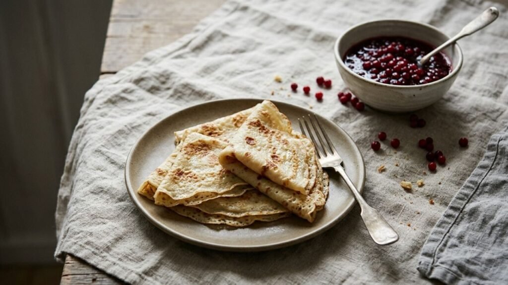 Folded Swedish pancakes served with lingonberry jam and red berries.