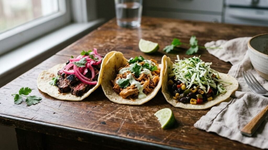 Three tacos topped differently with pickled onions, lime crema and shredded cabbage.