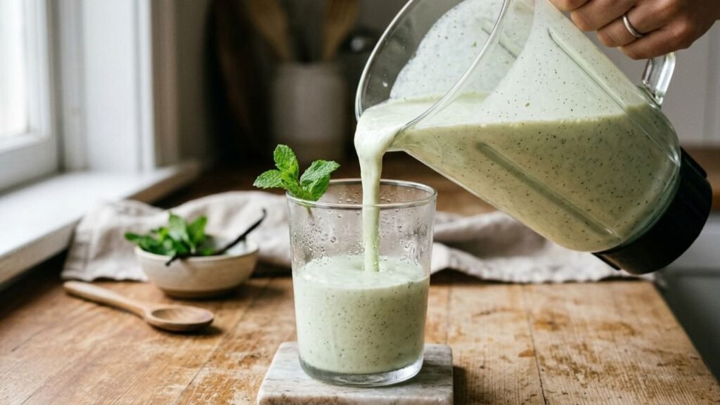 Thick pale-green milkshake being poured into a chilled clear glass.