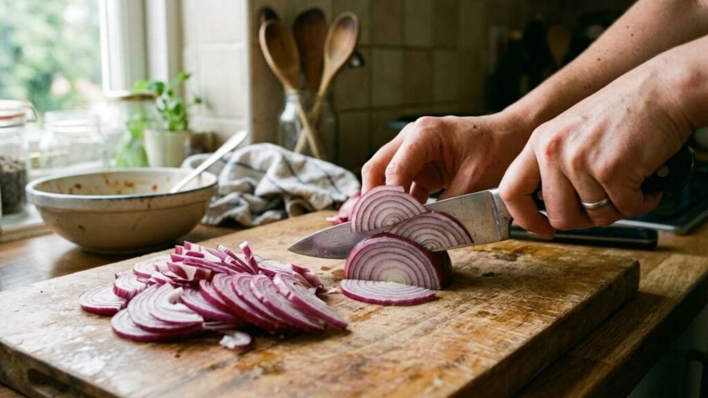 Hands slicing a red onion into thin half-moon pieces on a wooden cutting board.