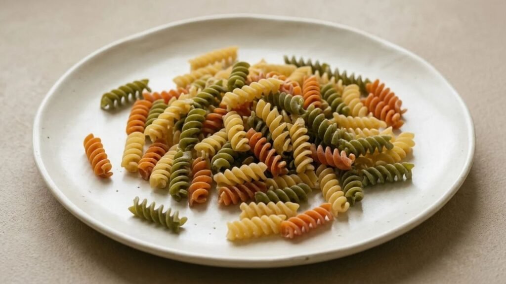 Green, orange-red and golden spirals of dry tri-colour rotini on an ivory plate.