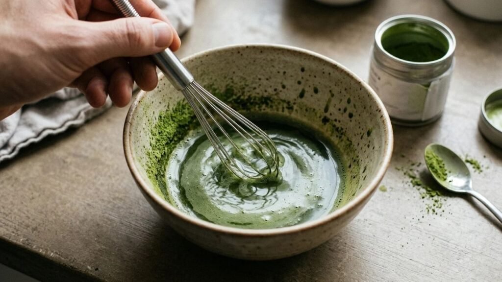 Green matcha concentrate being whisked in a small ceramic bowl.